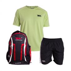 PACK WINGPADEL MOCHILA WOMBER ROJA, PANTALN CORTO W-QUILEN NEGRO Y CAMISETA  W-OWEN VERDE