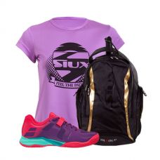 PACK BABOLAT PROPULSE WOMAN VIOLETA + MOCHILA SIUX DIABLO DORADA